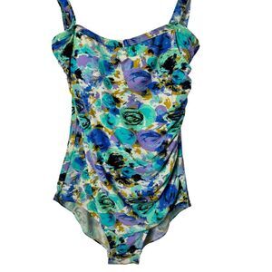 Island Pearls One Piece Swimsuit Womens Size 18 Tummy Control Floral Ruched Plus
